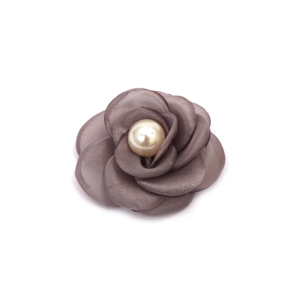Роза органза с перла 55 мм цвят сив -2 броя 