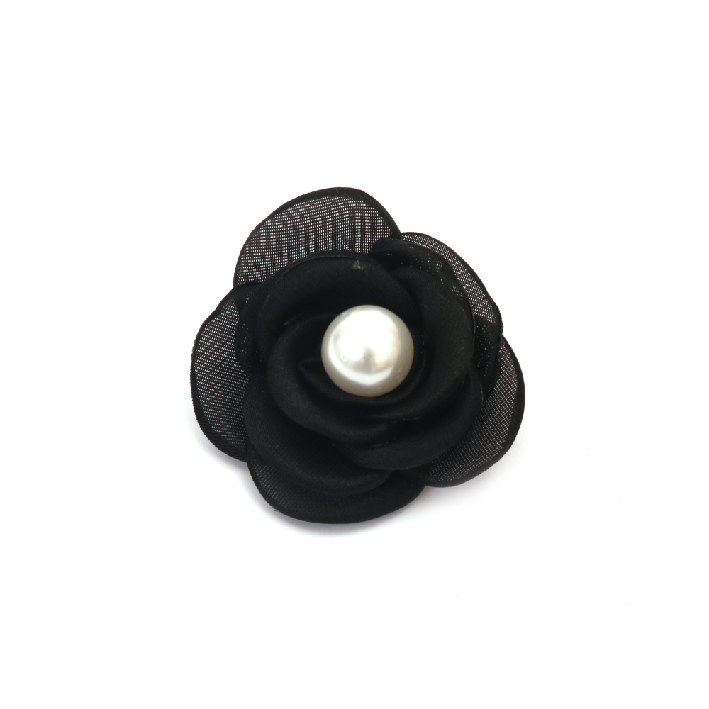 Роза органза с перла 55 мм цвят черен -2 броя 