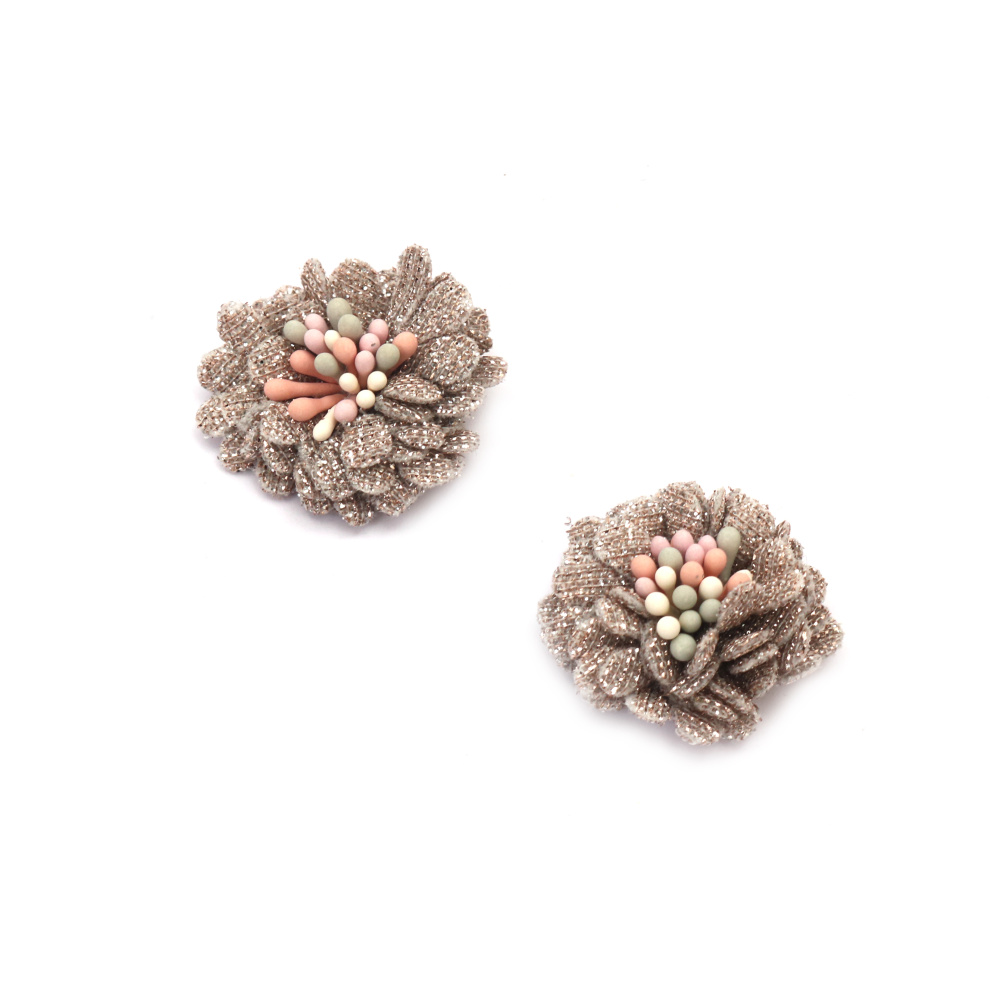 Fabric Flower with Stamens and Lame Thread / 30 mm / Light Beige - 2 pieces