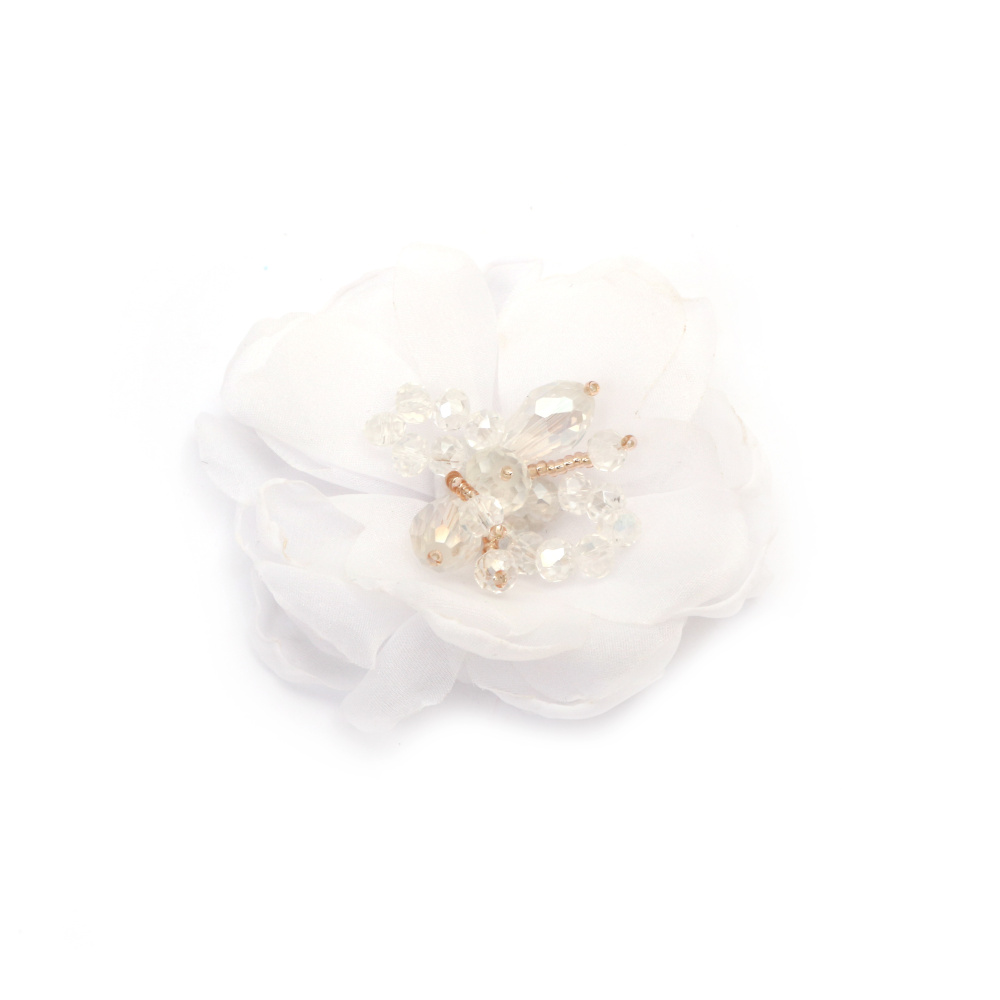 Цвете органза с мъниста кристал 70 мм цвят бял