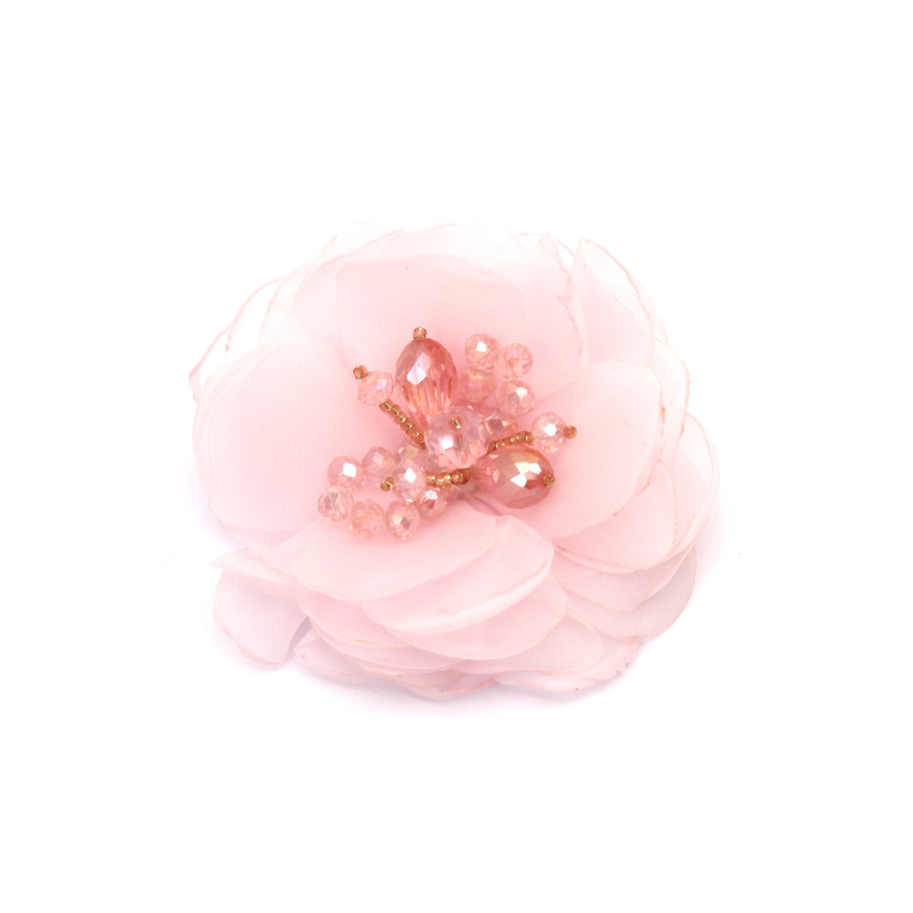 Floare din organza cu margele de cristal 80 mm culoare roz deschis