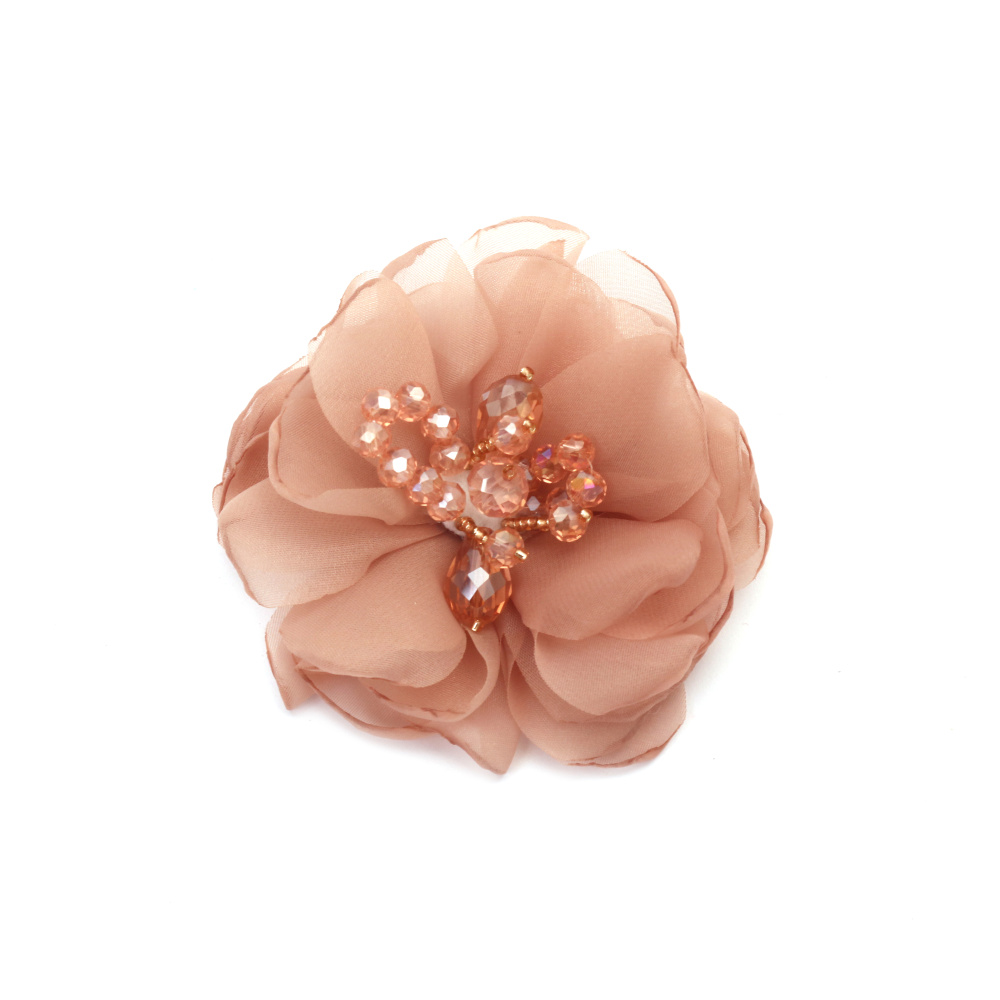 Organza Flower with Crystal Beads / 80 mm / Beige