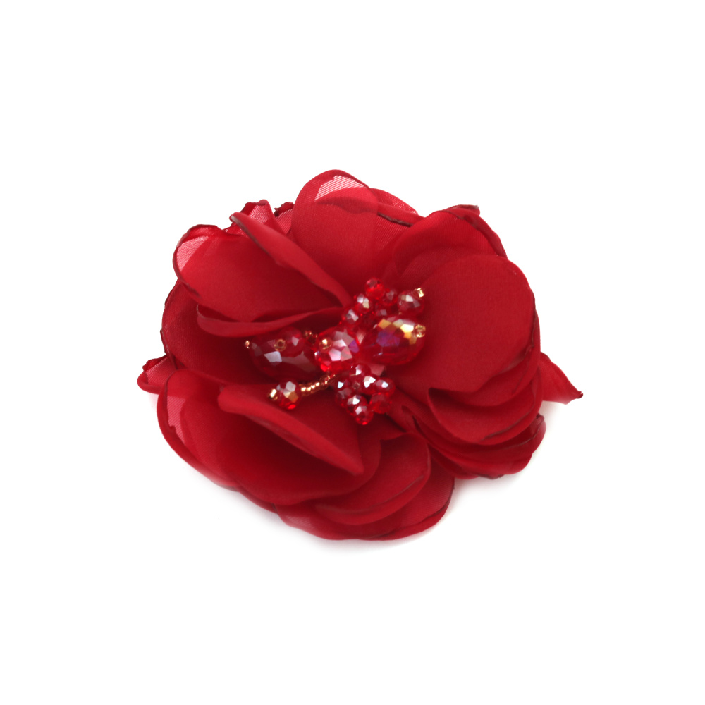 Organza Flower with Crystal Beads / 80 mm / Burgundy Color