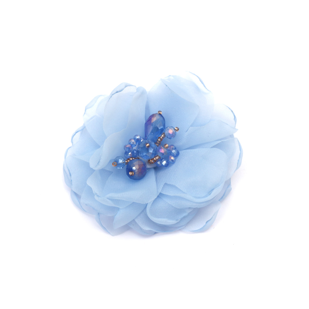 Organza Flower with Crystal Beads / 80 mm / Light Blue