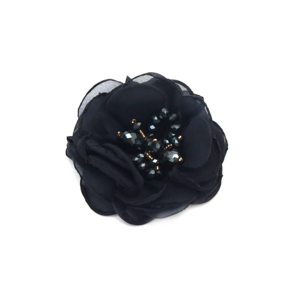 Organza Flower with Crystal Beads / 80 mm / Blue-Black
