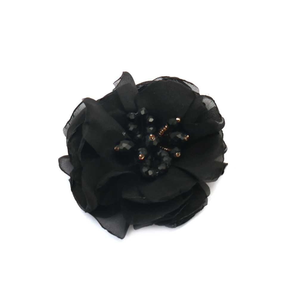 Organza Flower with Crystal Beads / 80 mm / Black