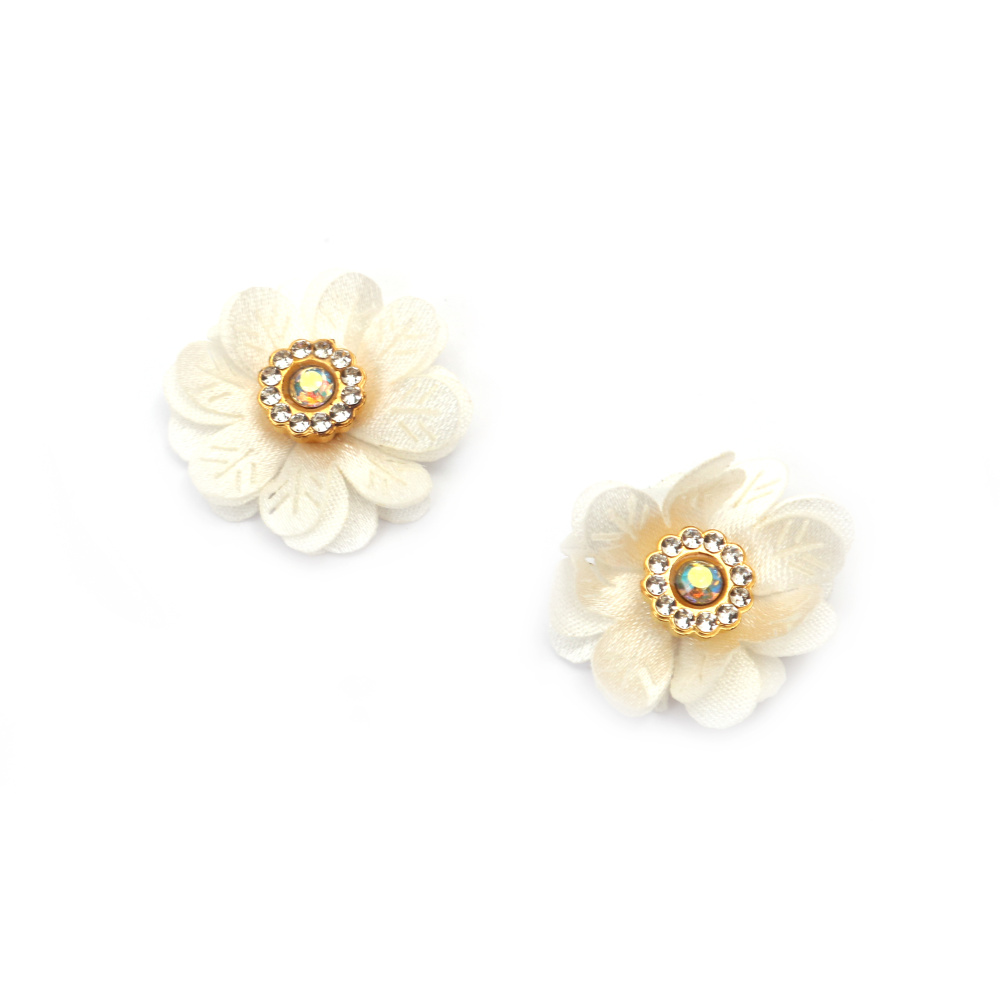 Satin Flower with Crystal Element /  30 mm / Champagne Color - 4 pieces
