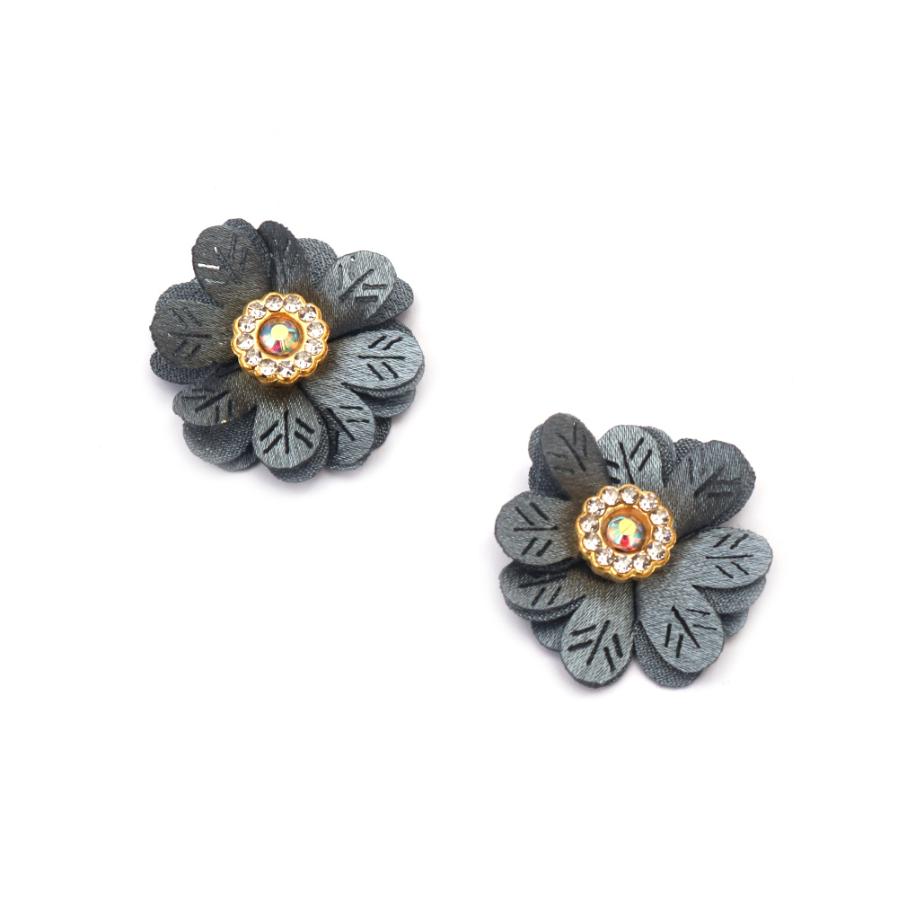 Satin Flower with Crystal Element / 30 mm / Gray - 4 pieces