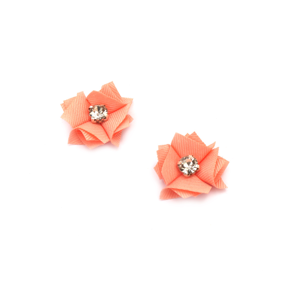 Grosgrain Ribbon Flower with Rhinestone / 30 mm / Peach Color - 4 pieces