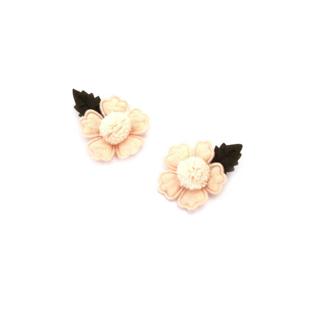 Fabric Flower with Pompom / 25 mm / Peach Color - 4 pieces