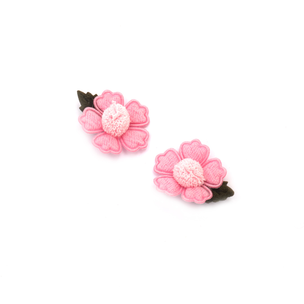 Fabric Flower with Pompom / 25 mm / Light Pink - 4 pieces