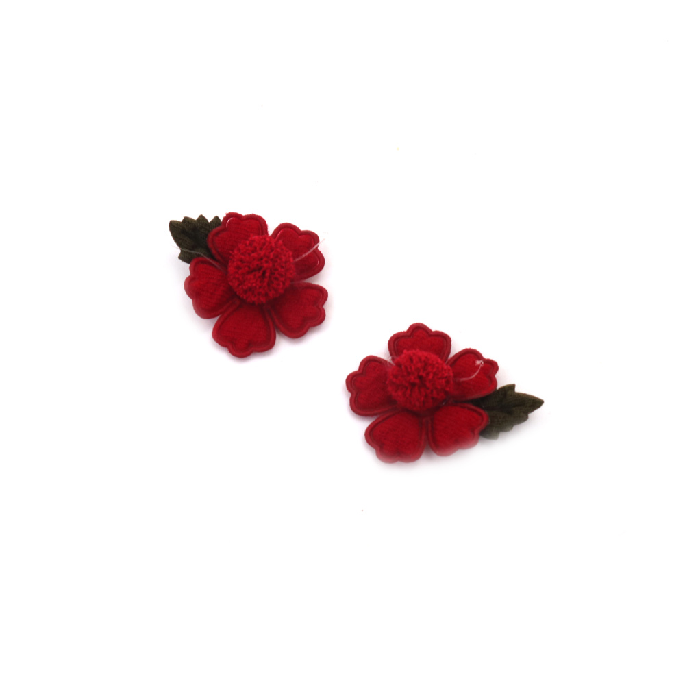 Fabric Flower with Pompom / 25 mm / Burgundy Color - 4 pieces