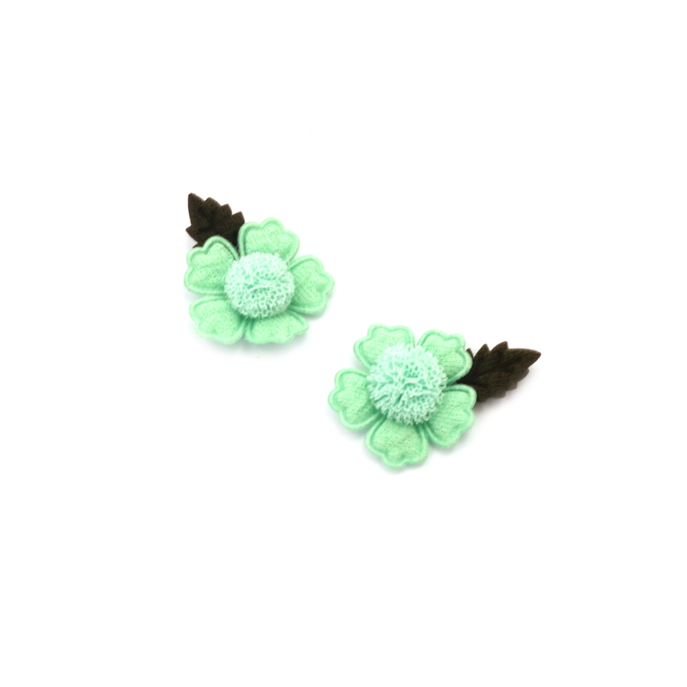 Fabric Flower with Pompom / 25 mm / Green - 4 pieces