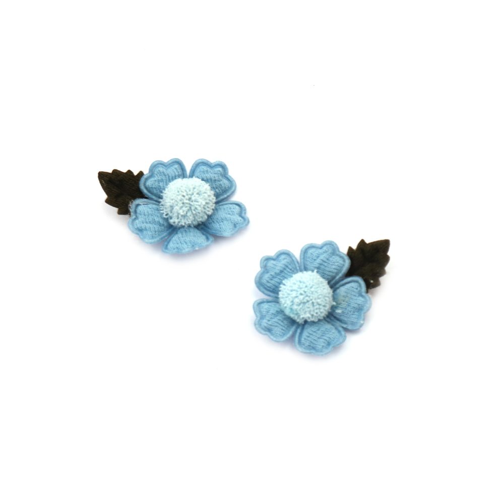 Fabric Flower with Pompom / 25 mm / Blue - 4 pieces