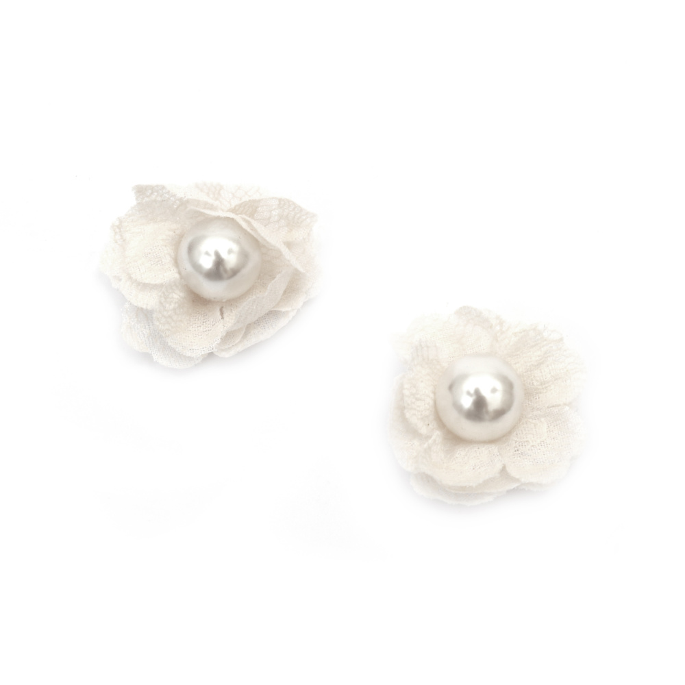 Textil flori cu perla 35 mm culoare alb - 2 buc