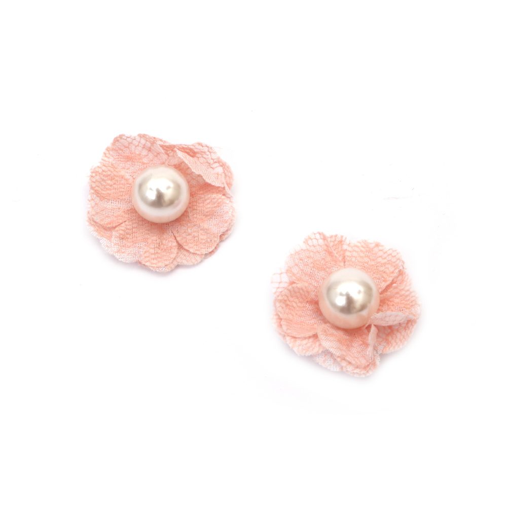 Fabric Flower with Pearl / 35 mm /  Peach Color - 2 pieces