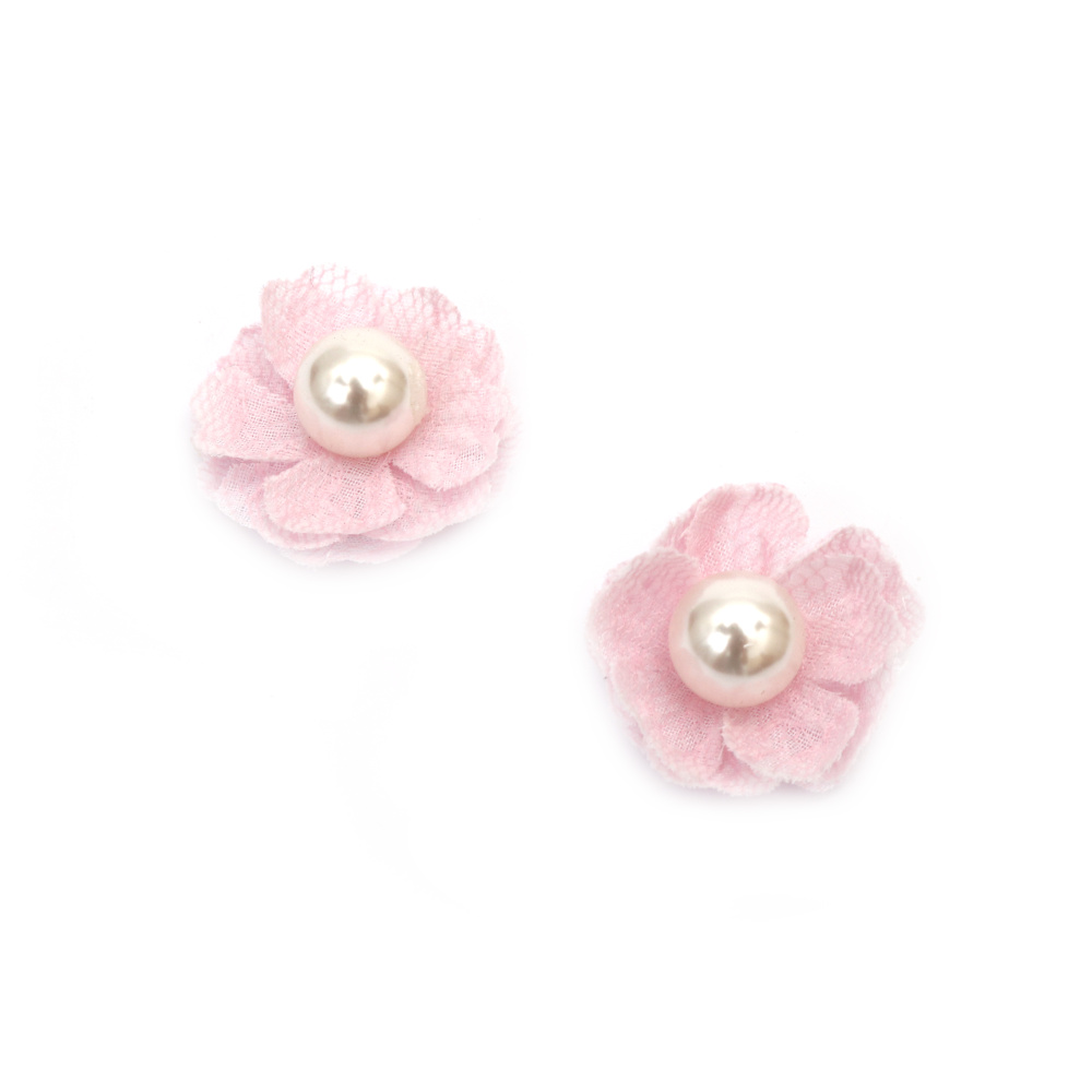 Fabric Flower with Pearl / 35 mm /  Pink - 2 pieces