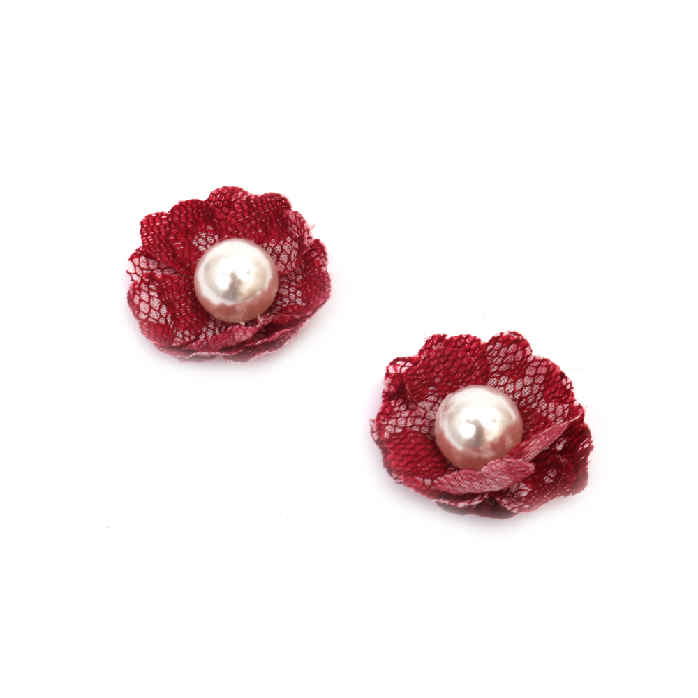 Floare textila cu perla 35 mm burgund - 2 bucati