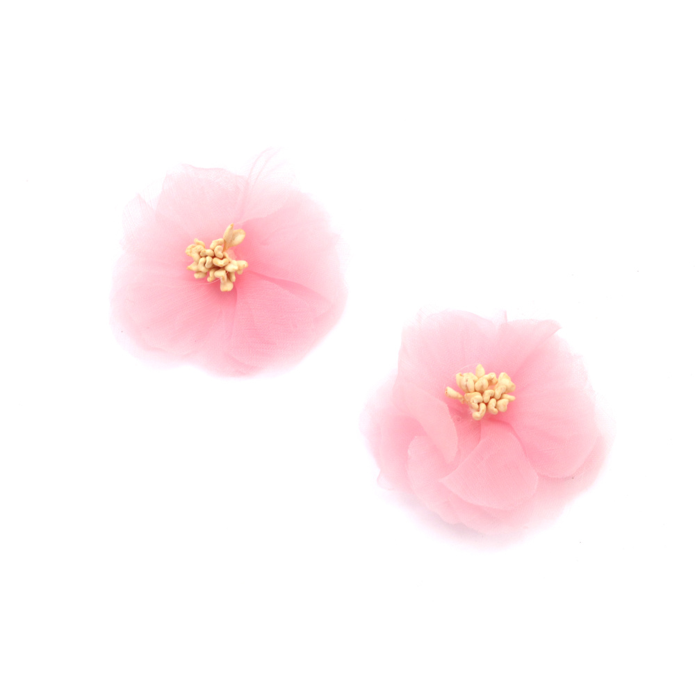 Floare organza si stamine 50 mm culoare roz deschis - 2 bucati