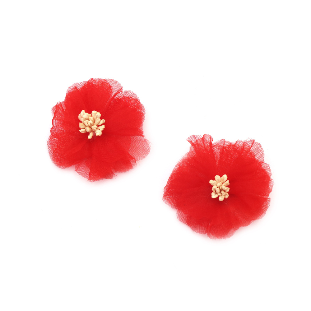Decorative Organza Flower with Stamens for Handmade Projects / 50 mm / Red - 2 pieces