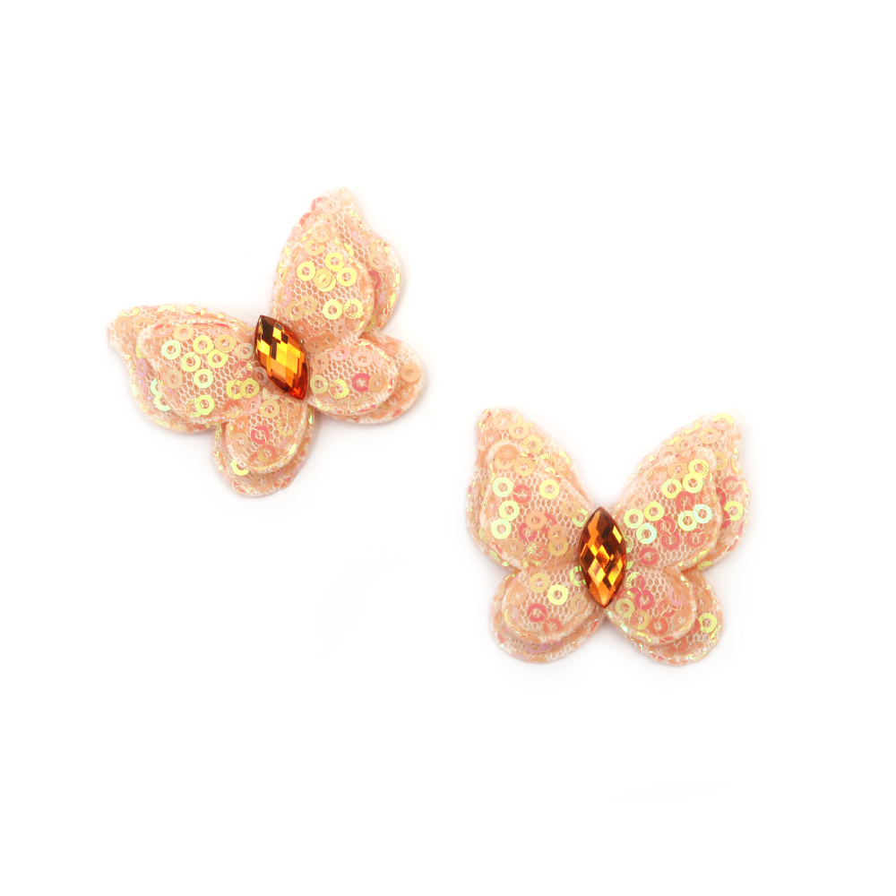 Fabric Butterfly with Rhinestone and Sequins / 40x35 mm / Peach Color - 4 pieces