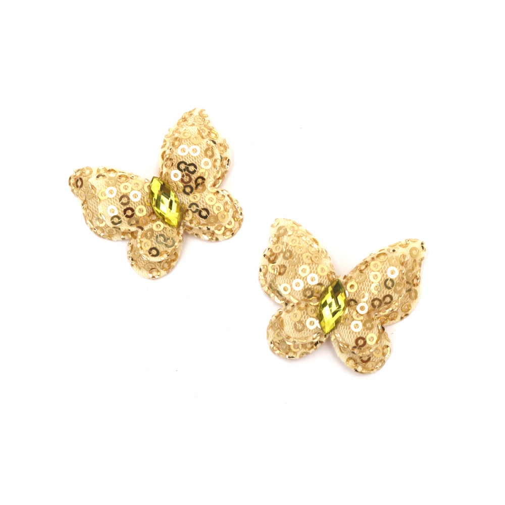Fabric Butterfly with Rhinestone and Sequins / 40x35 mm / Light Yellow - 4 pieces