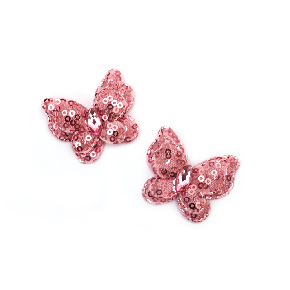 Fabric Butterfly with Rhinestone and Sequins / 40x35 mm / Pink - 4 pieces