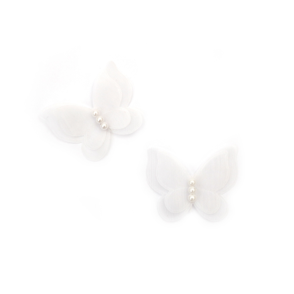 Пеперуда органза и перли 45x30 мм цвят бял -4 броя