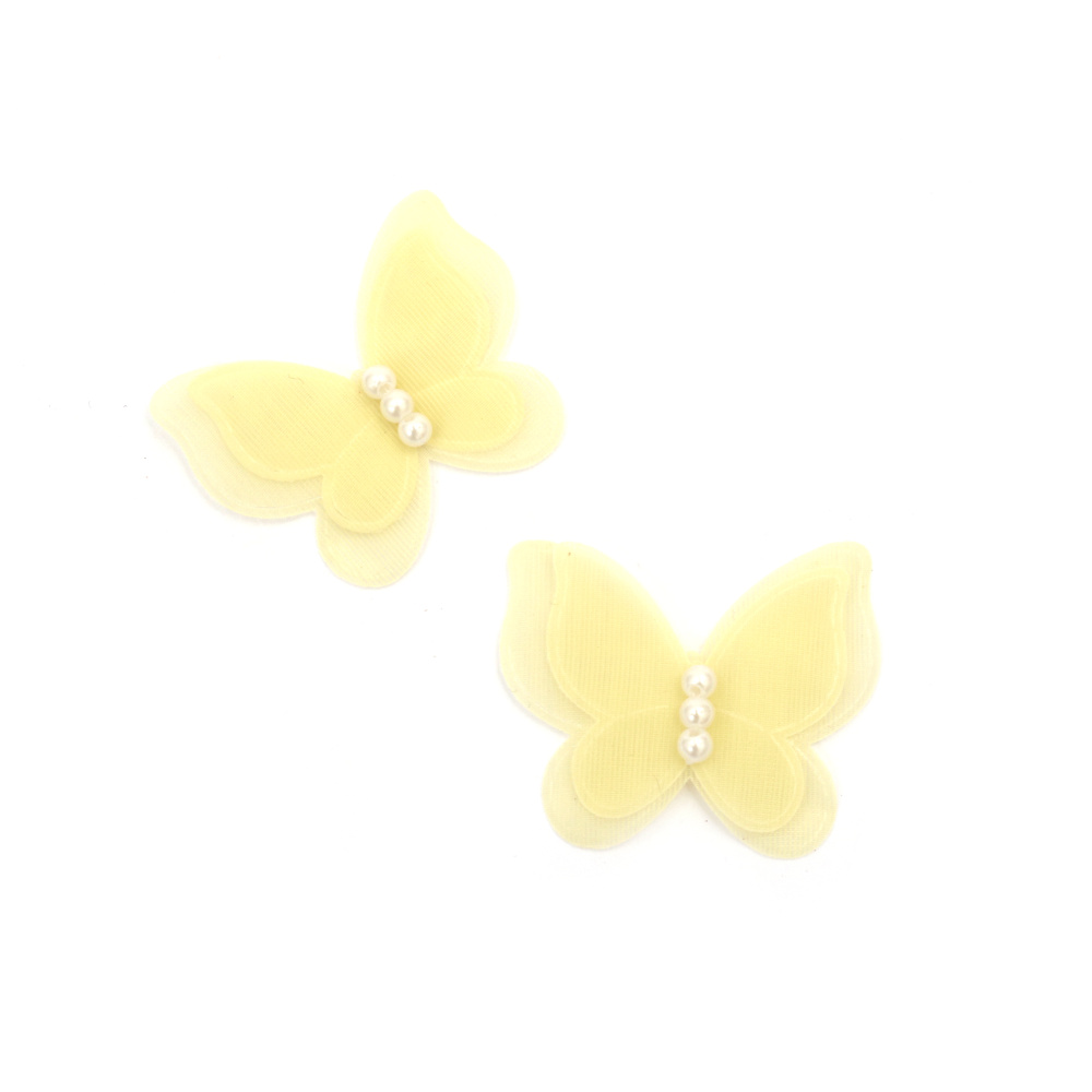 Decorative Organza Butterfly with Pearls / 45x30 mm / Light Yellow - 4 pieces