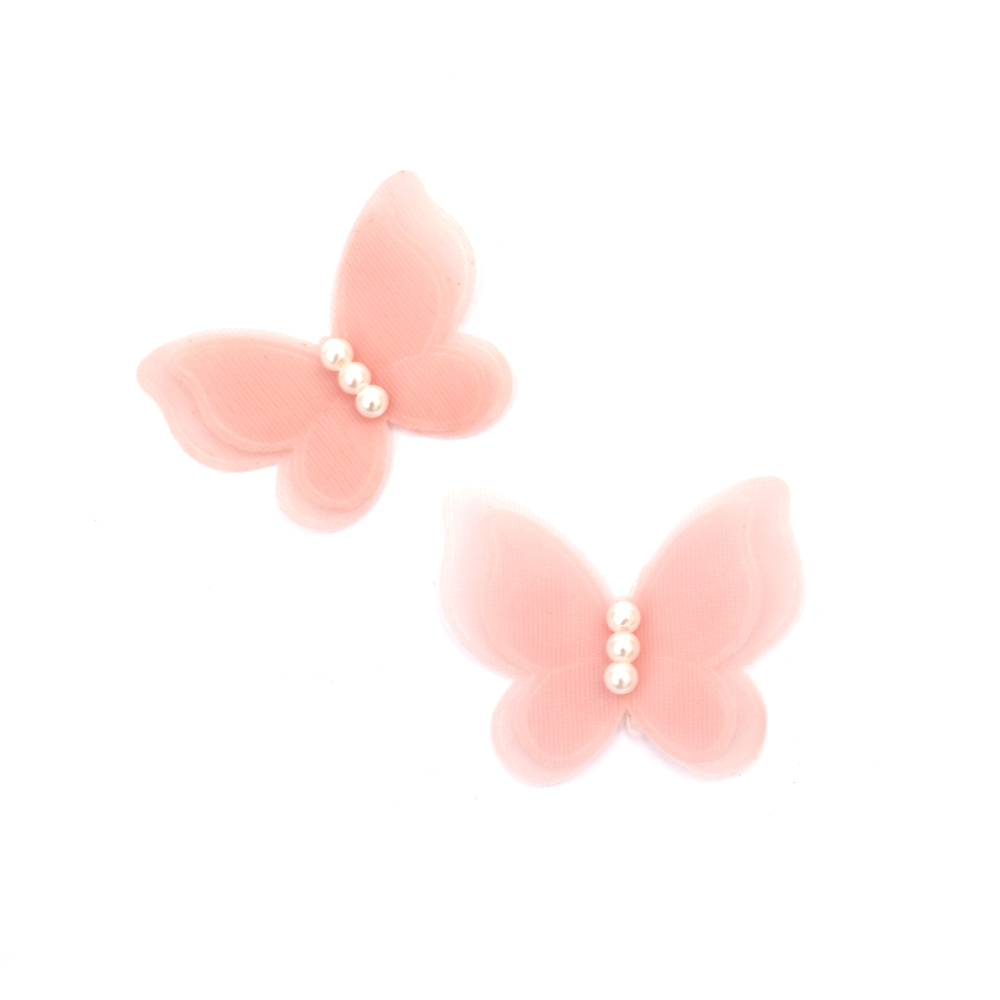 Пеперуда органза и перли 45x30 мм цвят бледо розово -4 броя