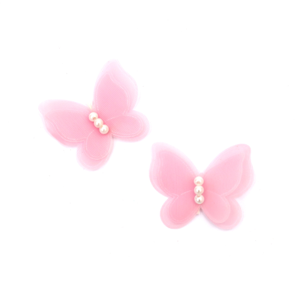 Пеперуда органза и перли 45x30 мм цвят светло розово -4 броя