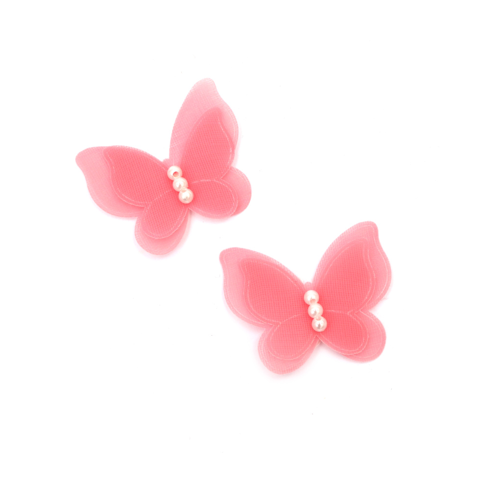 Пеперуда органза и перли 45x30 мм цвят розов -4 броя