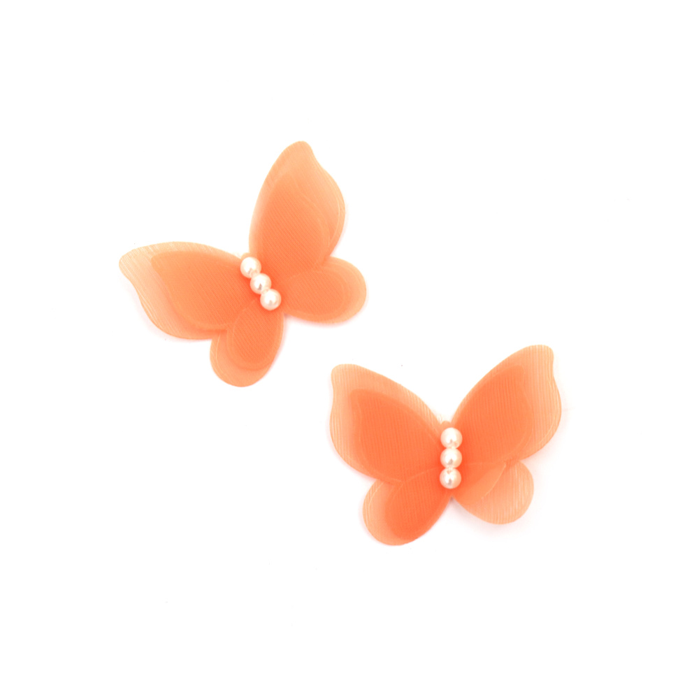 Пеперуда органза и перли 45x30 мм цвят оранжев -4 броя
