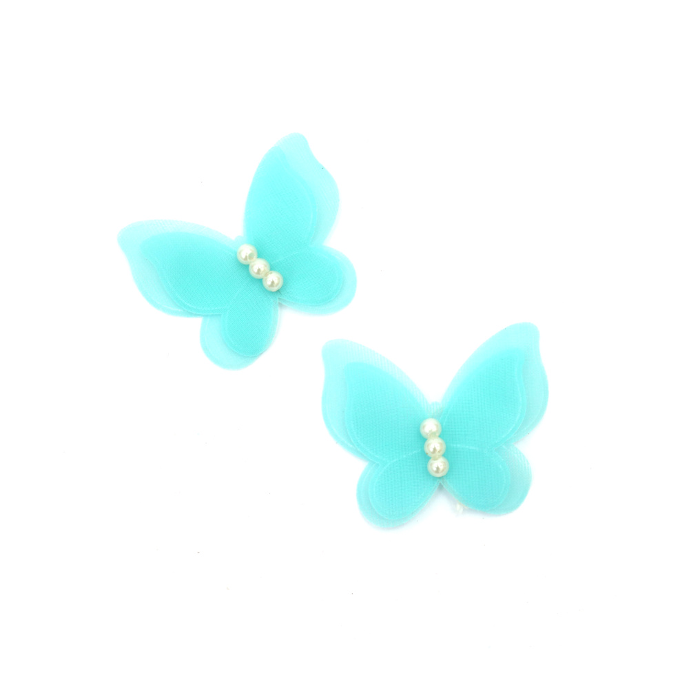 Пеперуда органза и перли 45x30 мм цвят син -4 броя