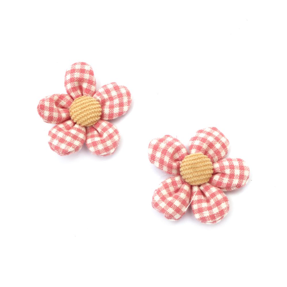 Checked Fabric Flower / 40 mm / Pink, Ecru - 2 pieces