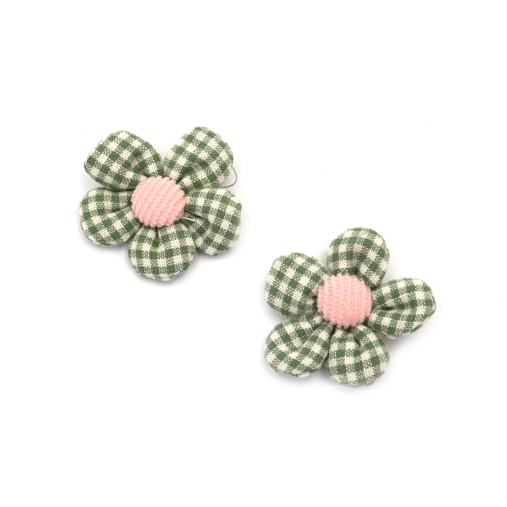 Checked Fabric Flower / 40 mm / Green, Pink - 2 pieces