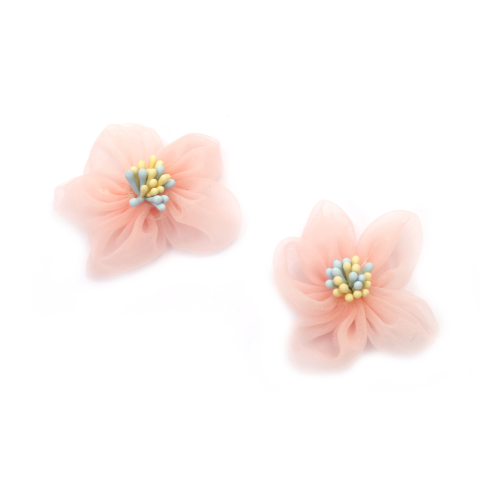 Organza Flower with Two-Tone Stamens / 50 mm / Peach Color - 2 pieces