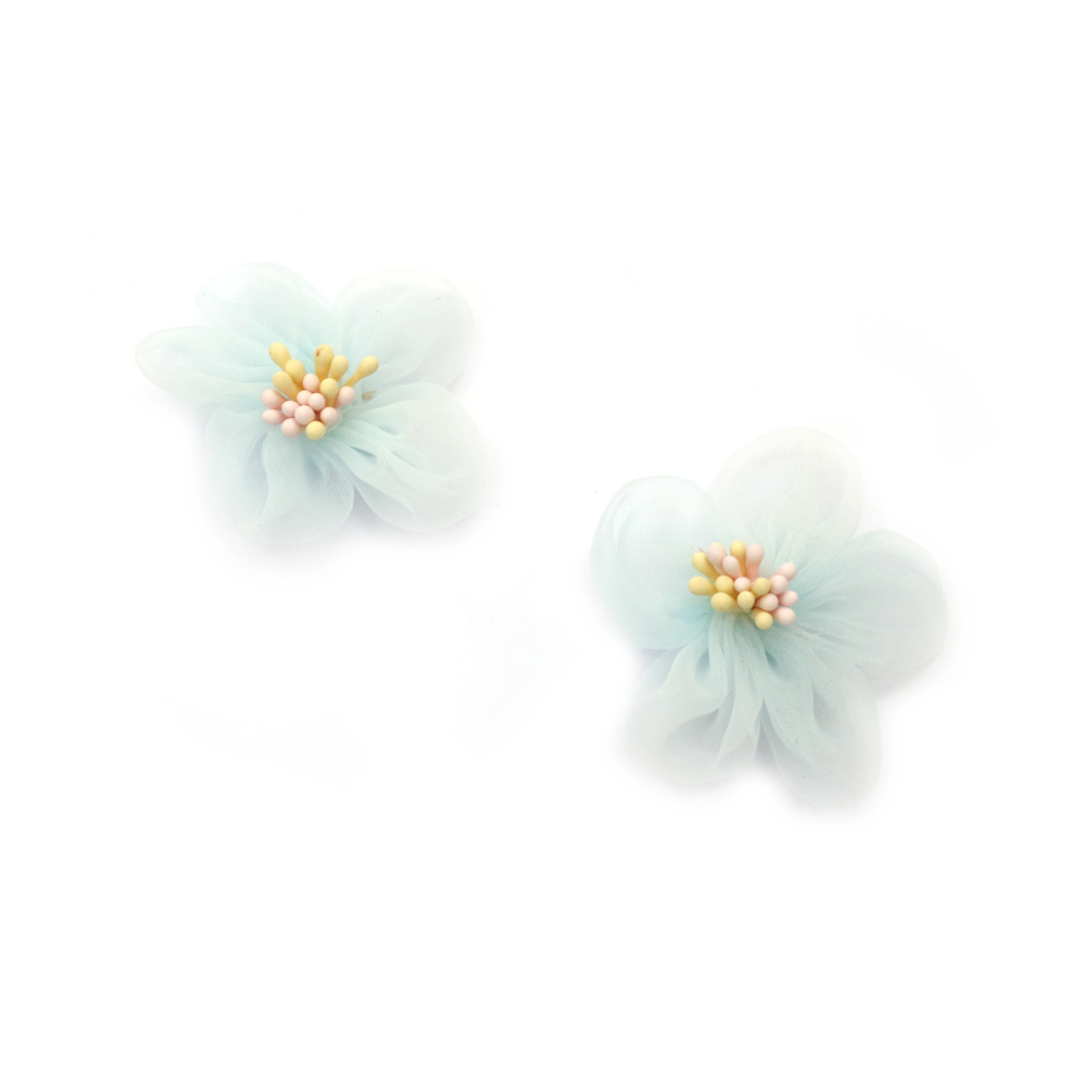 Organza Flower with Two-Tone Stamens / 50 mm / Light Blue - 2 pieces