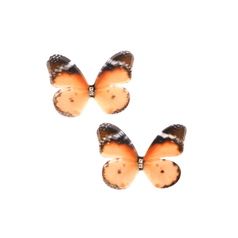 Decorative Organza Butterfly with Rhinestones / 50x35 mm / Orange Melange - 5 pieces