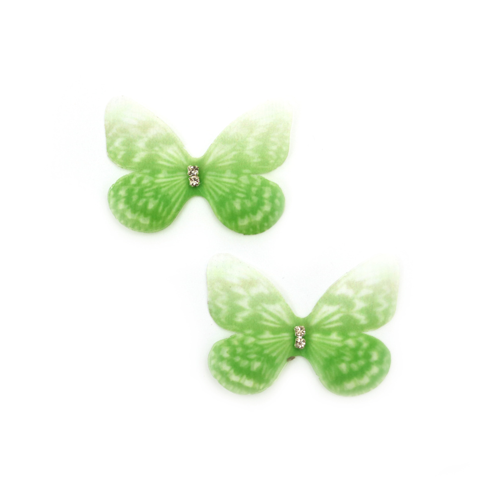 Organza Butterfly with Crystal for DIY Embellishment / 47x37 mm / Green - 5 pieces