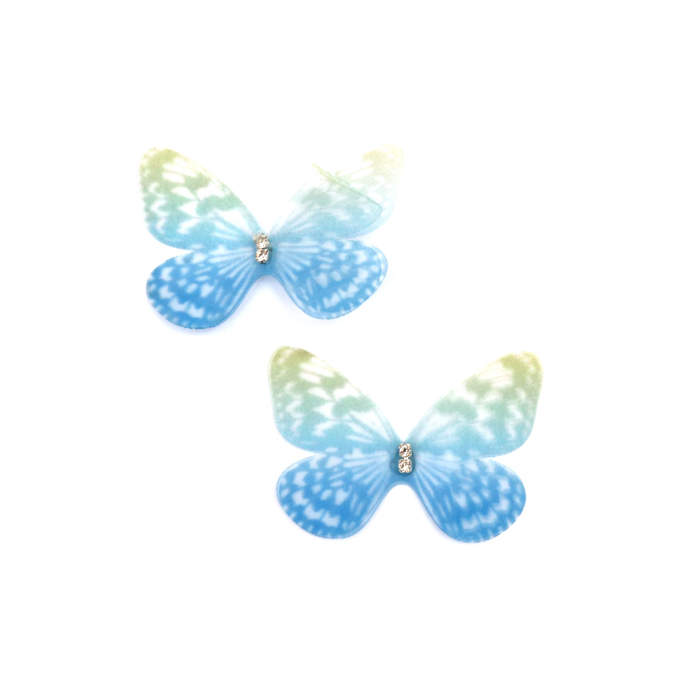 Пеперуда органза с кристал 47x37 мм цвят син -5 броя