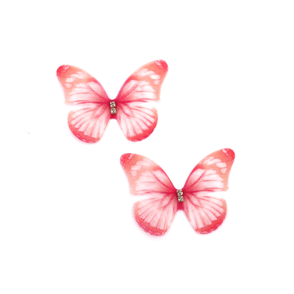 Organza Butterfly with Rhinestones / 50x37 mm / Color: White, Watermelon - 5 pieces