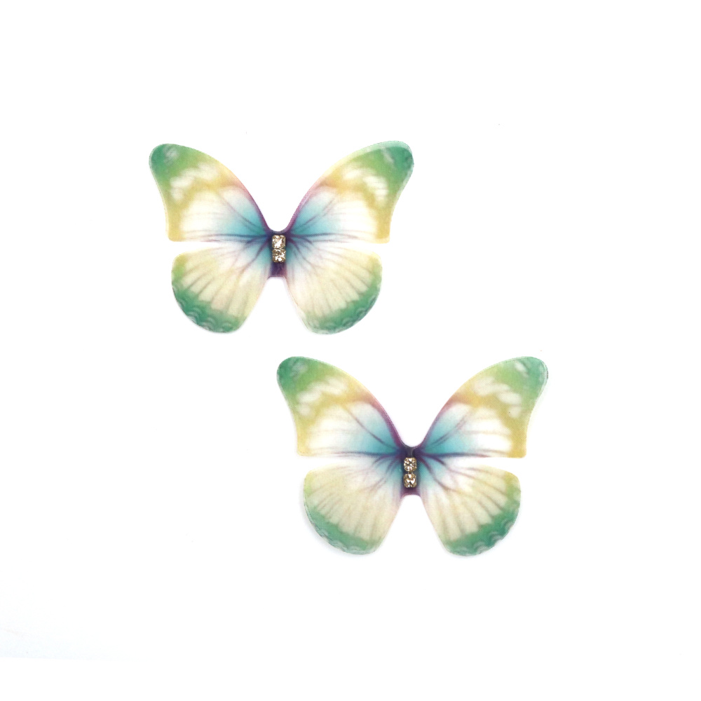 Organza Butterfly with Rhinestones / 50x37 mm / Color: White, Green, Yellow, Purple - 5 pieces