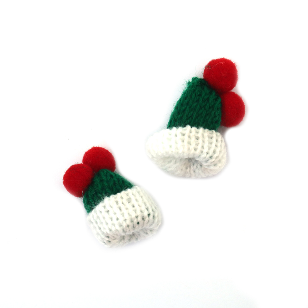 Wicker Decorative Element, Hat with Pom-Poms, 35x45 mm, White, Green, Red - Set of 5