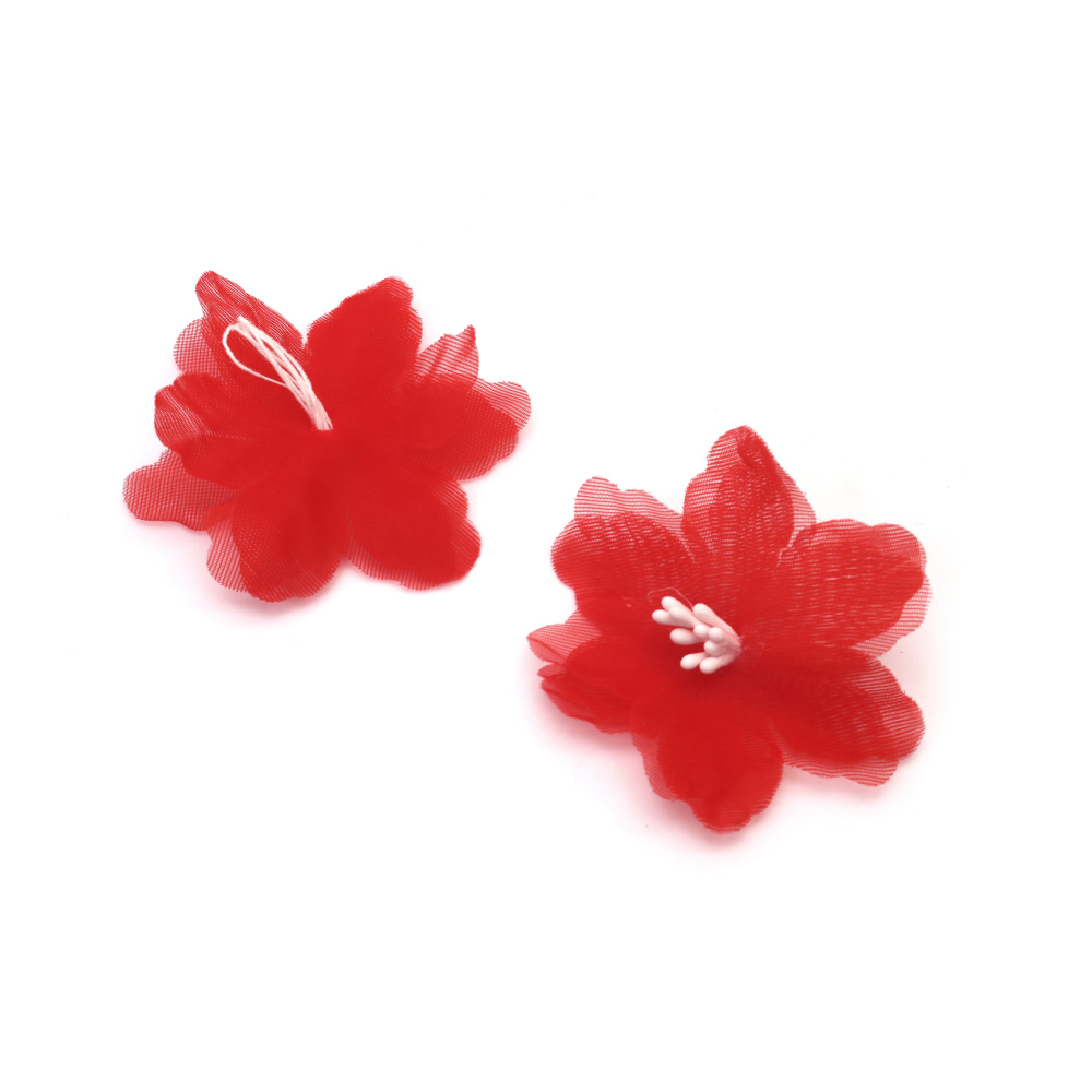 Floare din organza cu stamine 60 mm culoare roșu - 2 bucăți