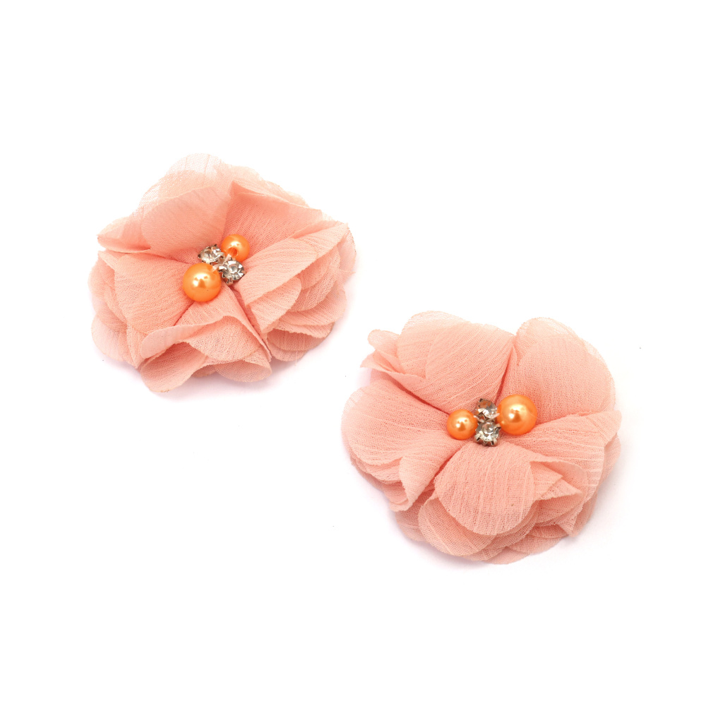 Flori decorative textile cu perle și cristale 50 mm culoarea piersicii - 2 bucăți