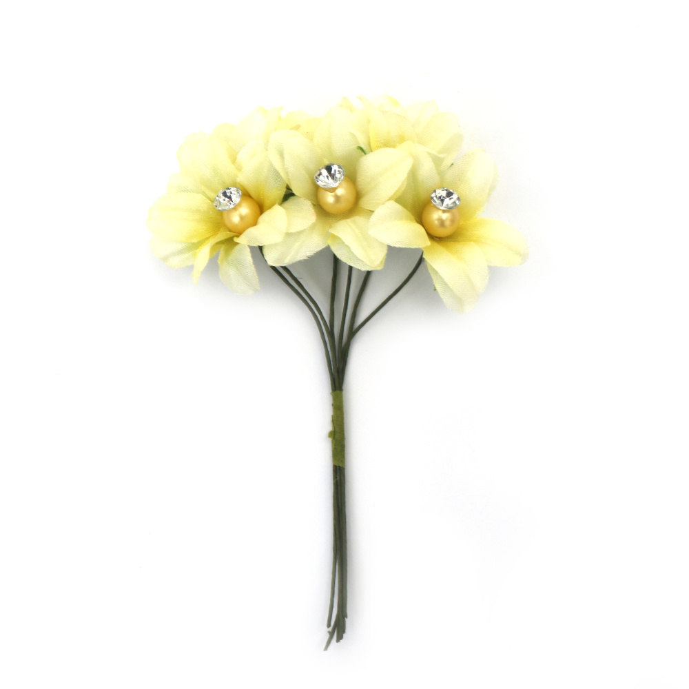 Fabric Flower Bouquet with Pearl and Crystal 35x110 mm, Yellow Color - 6 pieces