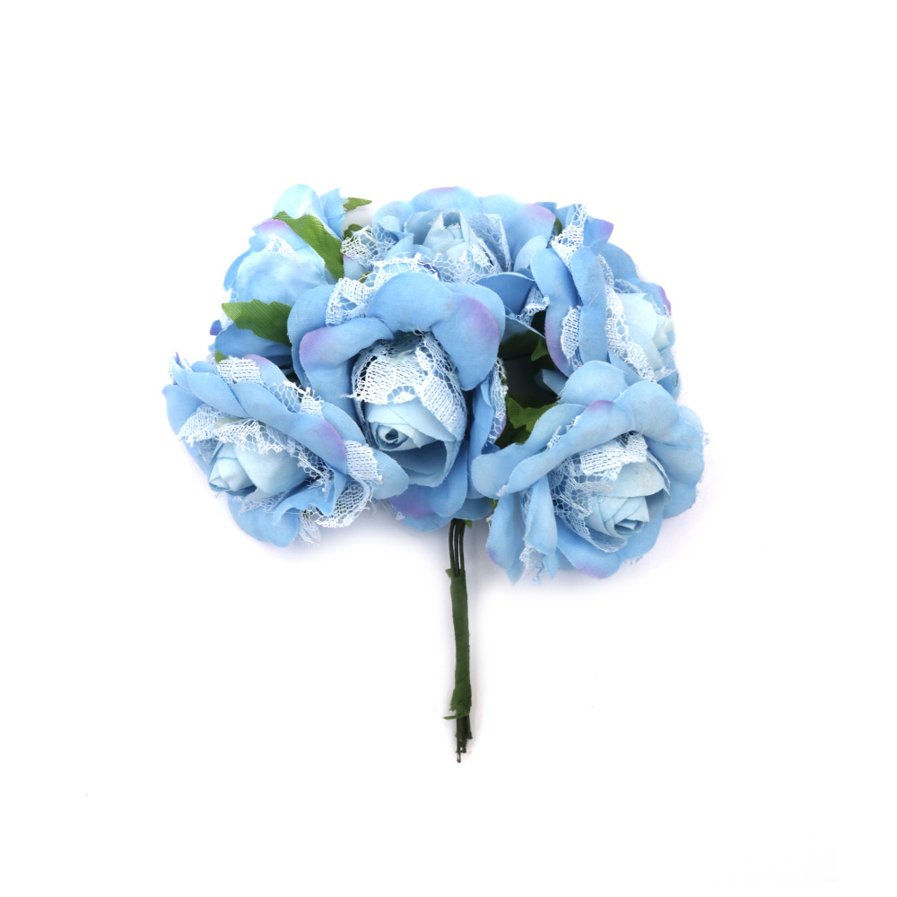 Textile and Lace Rose Bouquet 60x140 mm, Blue Color - 6 pieces