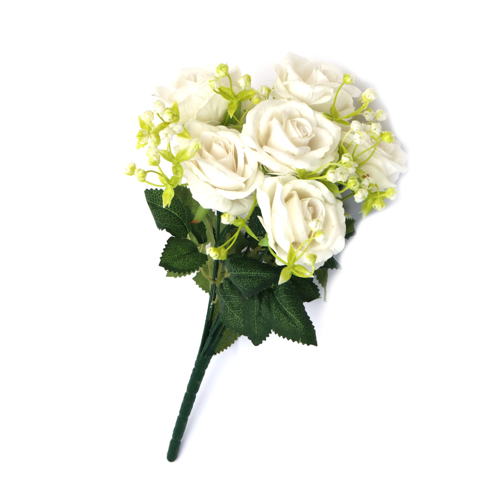 Bouquet of Roses and Gypsophila Made of Fabric and Plastic, 350 mm, White Color - 8 Stems