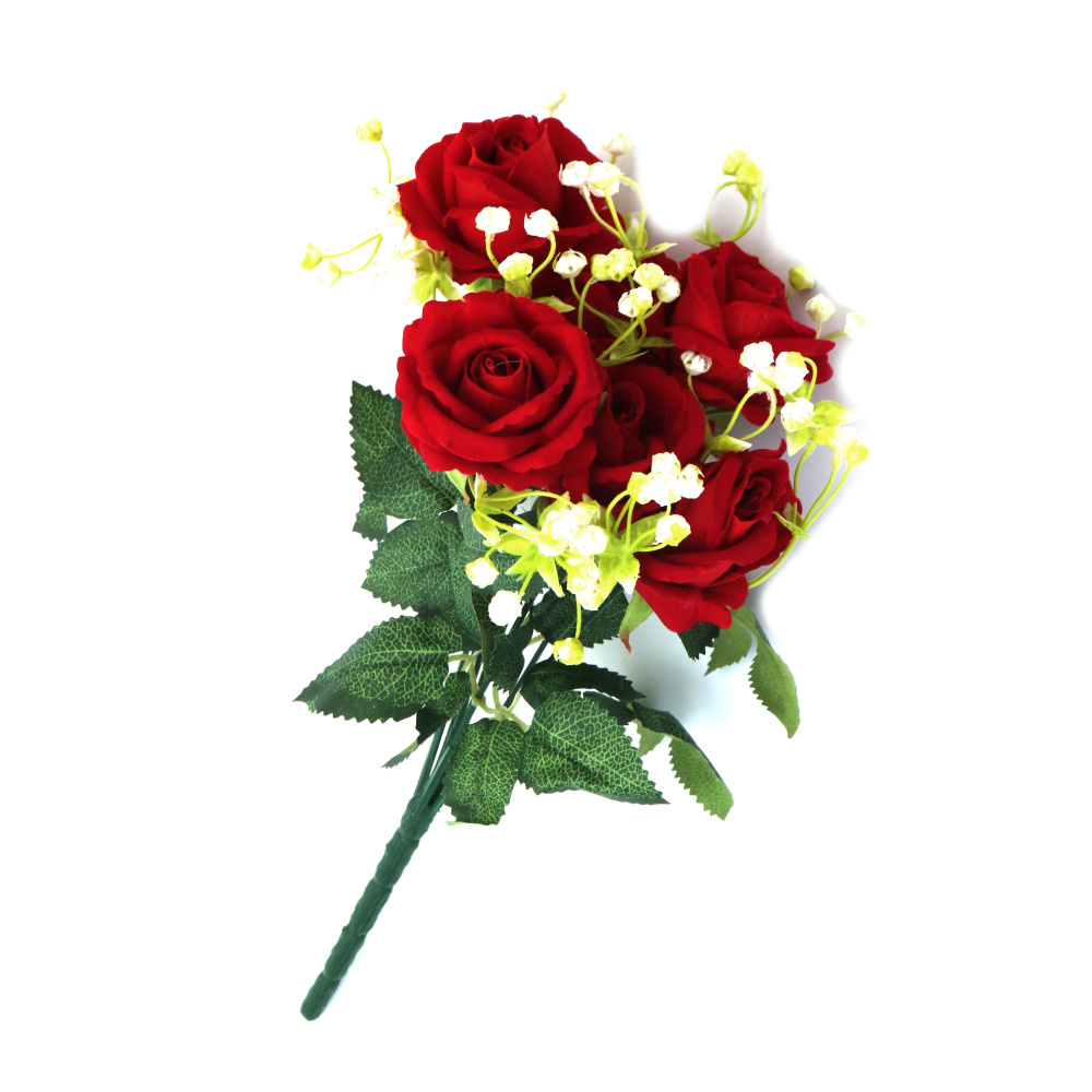 Bouquet of Roses and Gypsophila Made of Fabric and Plastic, 350 mm, Red Color - 8 Stems